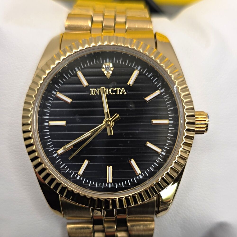 Invicta Gold-Tone Analog Wristwatch, Fluted Bezel, Black Dial, Box 69168